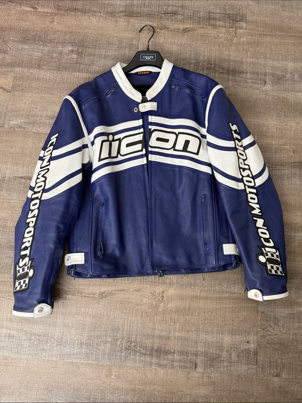 ICON vintage circa 2000  Daytona blue  and White Racing Leather Jacket